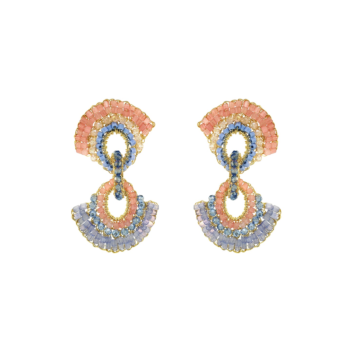 Pair of colorful earrings on a white background. Colorful hand-crocheted statement earrings with coral, blue, lavender, crystal accents, and 18K gold-filled wire, handmade in Brazil