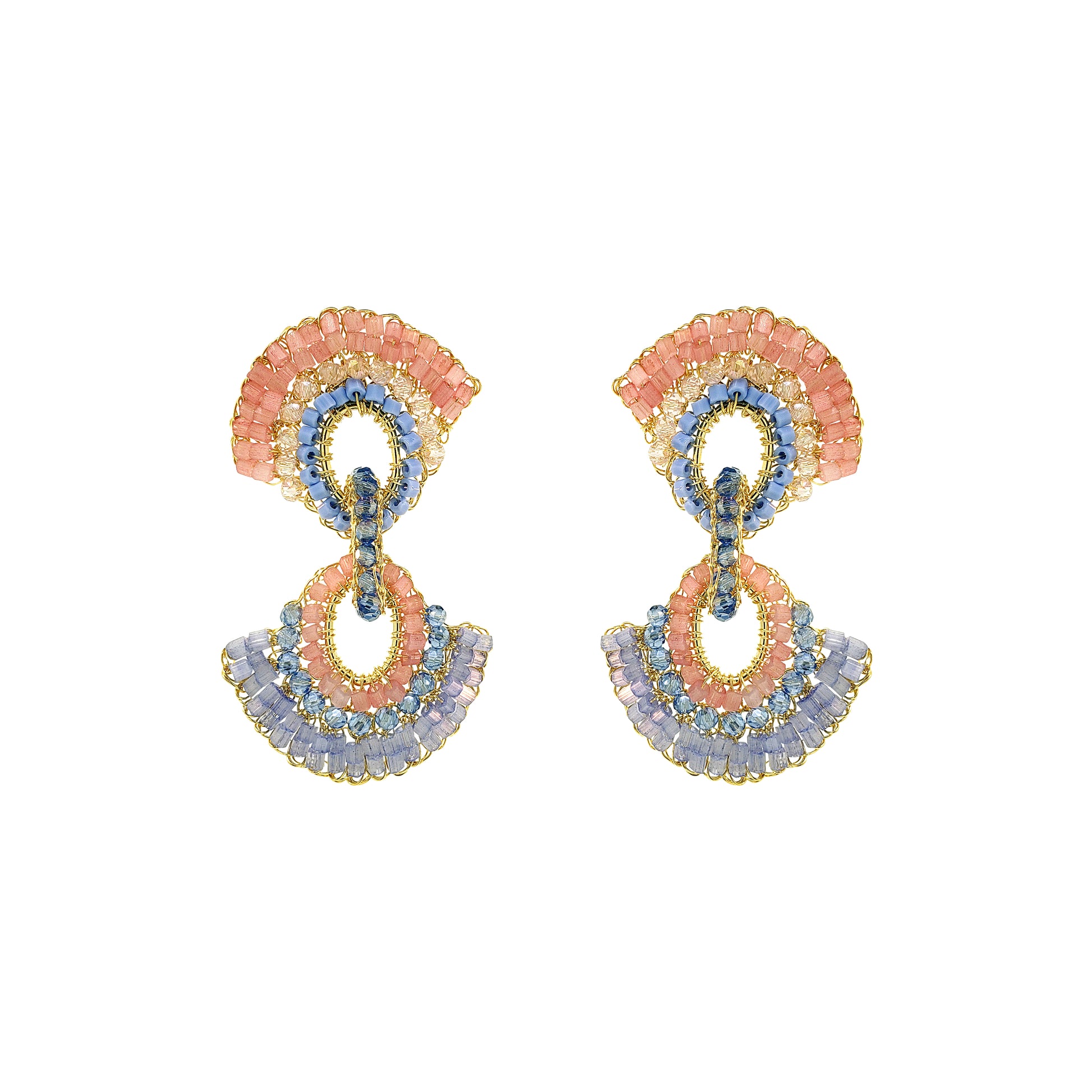 Pair of colorful earrings on a white background. Colorful hand-crocheted statement earrings with coral, blue, lavender, crystal accents, and 18K gold-filled wire, handmade in Brazil