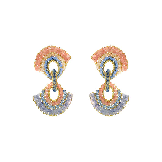 Pair of colorful earrings on a white background. Colorful hand-crocheted statement earrings with coral, blue, lavender, crystal accents, and 18K gold-filled wire, handmade in Brazil