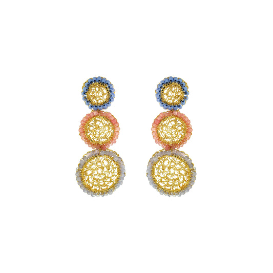 Multicolored crochet earrings on a white background. Triple cascade mandala earrings handmade in Brazil with 18K gold-filled wire, soft blue, coral pink, and clear crystal beaded accents.