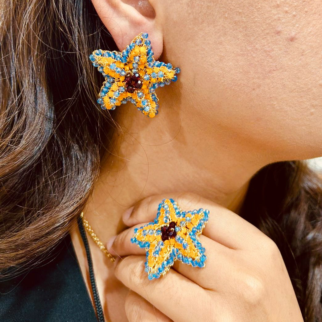 Star-Blue-Red-Orange-Gold-Sea-Star-Handmade-Crochet-Ring-18k-gold-filled-wire-hypoallergenic-lightweight-statement-soul-collection-model