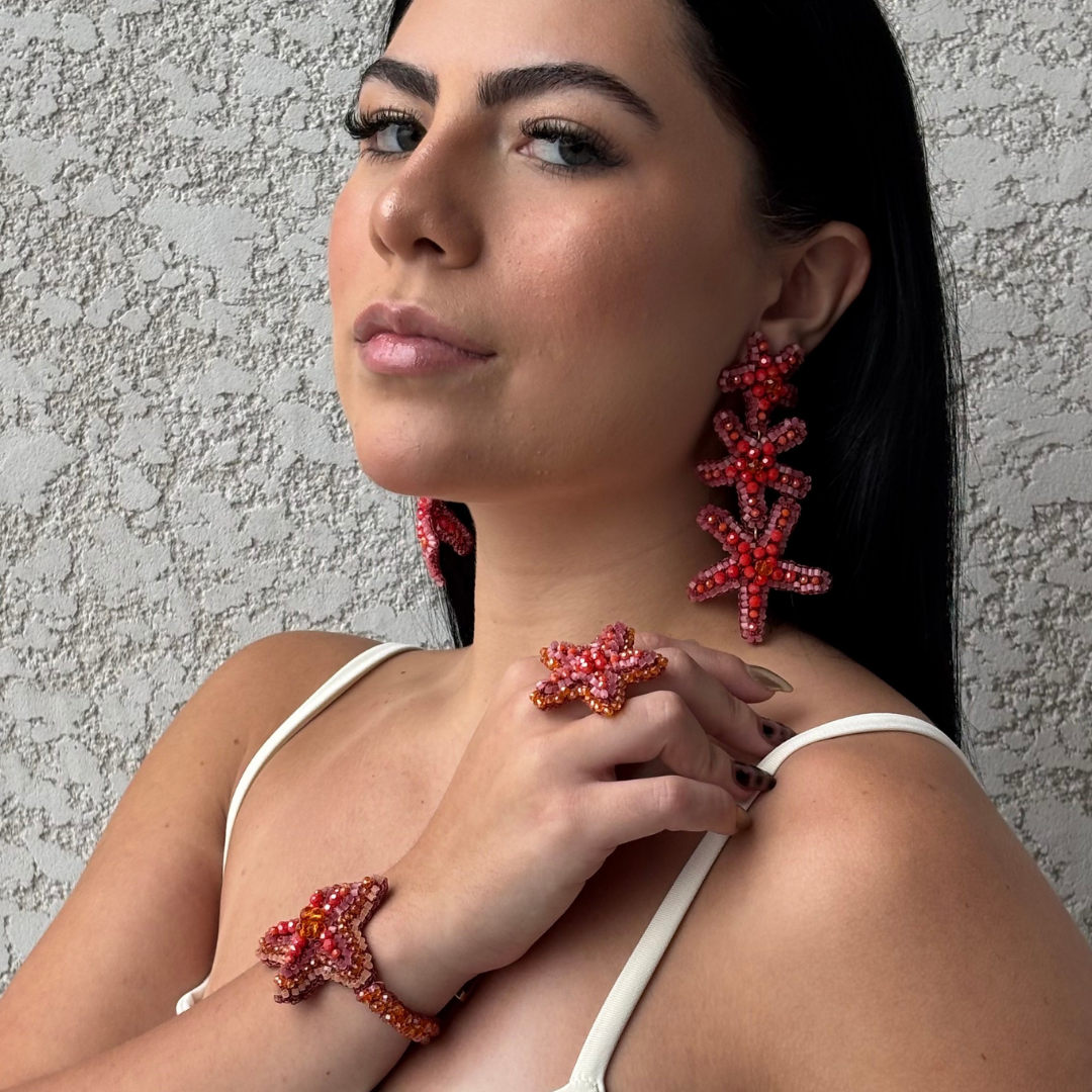 Star-Coral-Red-Orange-Gold-Sea-Star-Handmade-Crochet-Ring-earrings-braceletset-model-18k-gold-filled-wire-hypoallergenic-lightweight-statement-soul-collection
