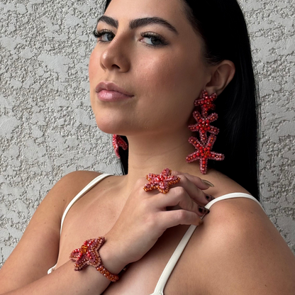 Star-Coral-Red-Orange-Gold-Sea-Star-Handmade-Crochet-Ring-earrings-braceletset-model-18k-gold-filled-wire-hypoallergenic-lightweight-statement-soul-collection