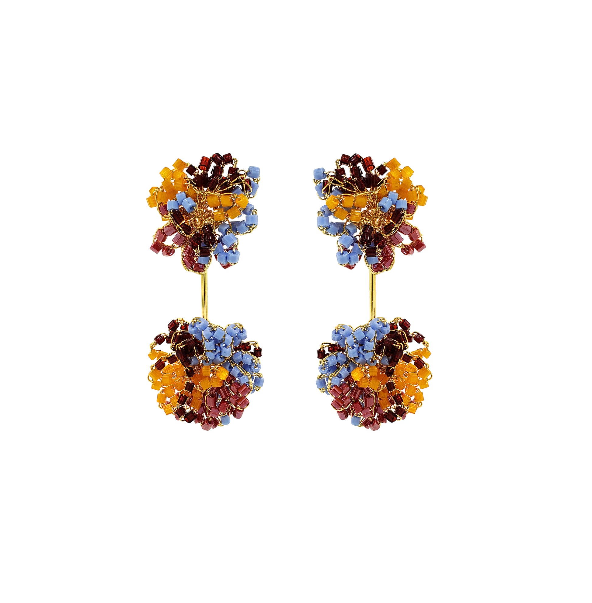 Multicolored beaded earrings on a white background. Drizzle hand-crocheted dangle earrings made with 18 karat gold filled wire, handcrafted in Brazil with hypoallergenic and nickel-free materials.