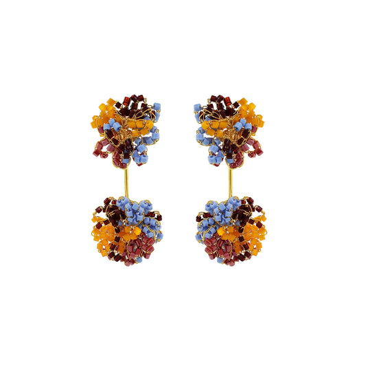 Multicolored beaded earrings on a white background. Drizzle hand-crocheted dangle earrings made with 18 karat gold filled wire, handcrafted in Brazil with hypoallergenic and nickel-free materials.
