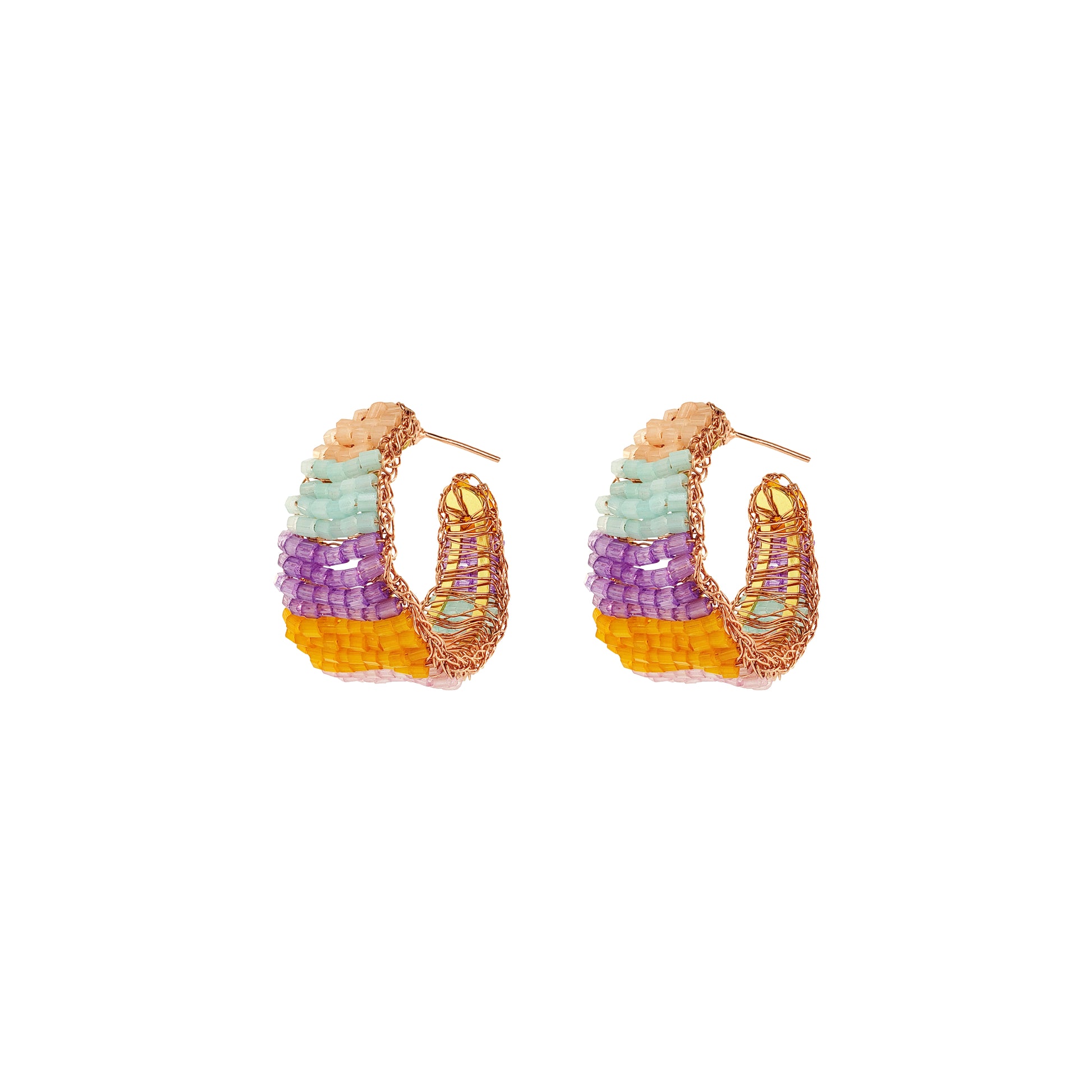 Vibrant handmade crochet hoop earrings with enameled wire and crystals, handcrafted in Brazil by skilled artisans.