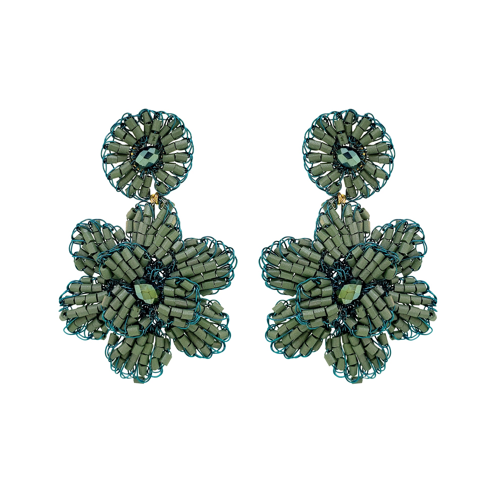 Mini floral hand-crocheted dangle earrings handmade in Brazil with shiny enameled wire and sparkling teal bead accents.