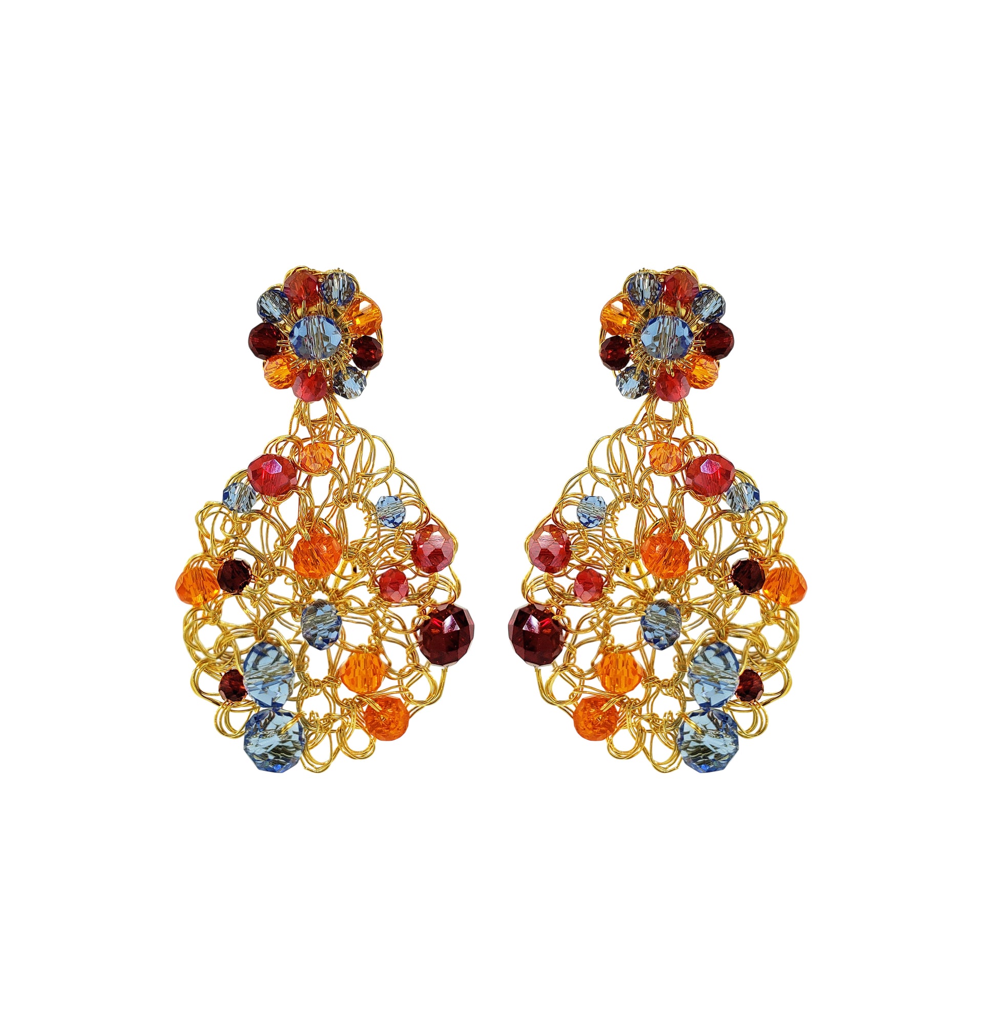 Teardrop-Mesh-Blue-Red-Orange-Gold-Aurora-Drop-Handmade-Crochet-Earrings18k-gold-filled-wire-hypoallergenic-lightweight-statement-soul-collection