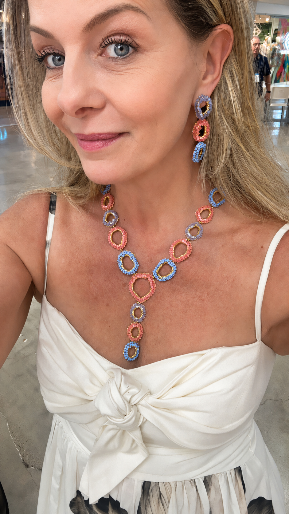 Soft Pink & Blue Mix Halo Cascade Necklace Handmade Crochet Long Necklace