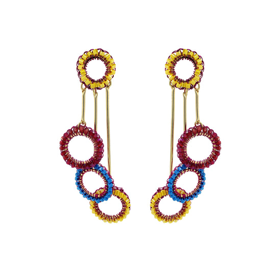 Triple-Dangle-Blue-Yellow-Fuchsia-Nora-Chandelier-Handmade-Crochet-Earrings-18k-gold-filled-wire-hypoallergenic-lightweight-statement-brazilian-soul-collection