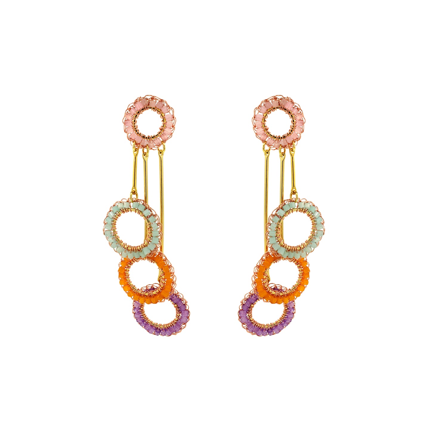 Triple-Dangle-Green-Pink-Purple-Orange-Nora-Chandelier-Handmade-Crochet-Earrings-18k-gold-filled-wire-hypoallergenic-lightweight-statement-brazilian-soul-collection