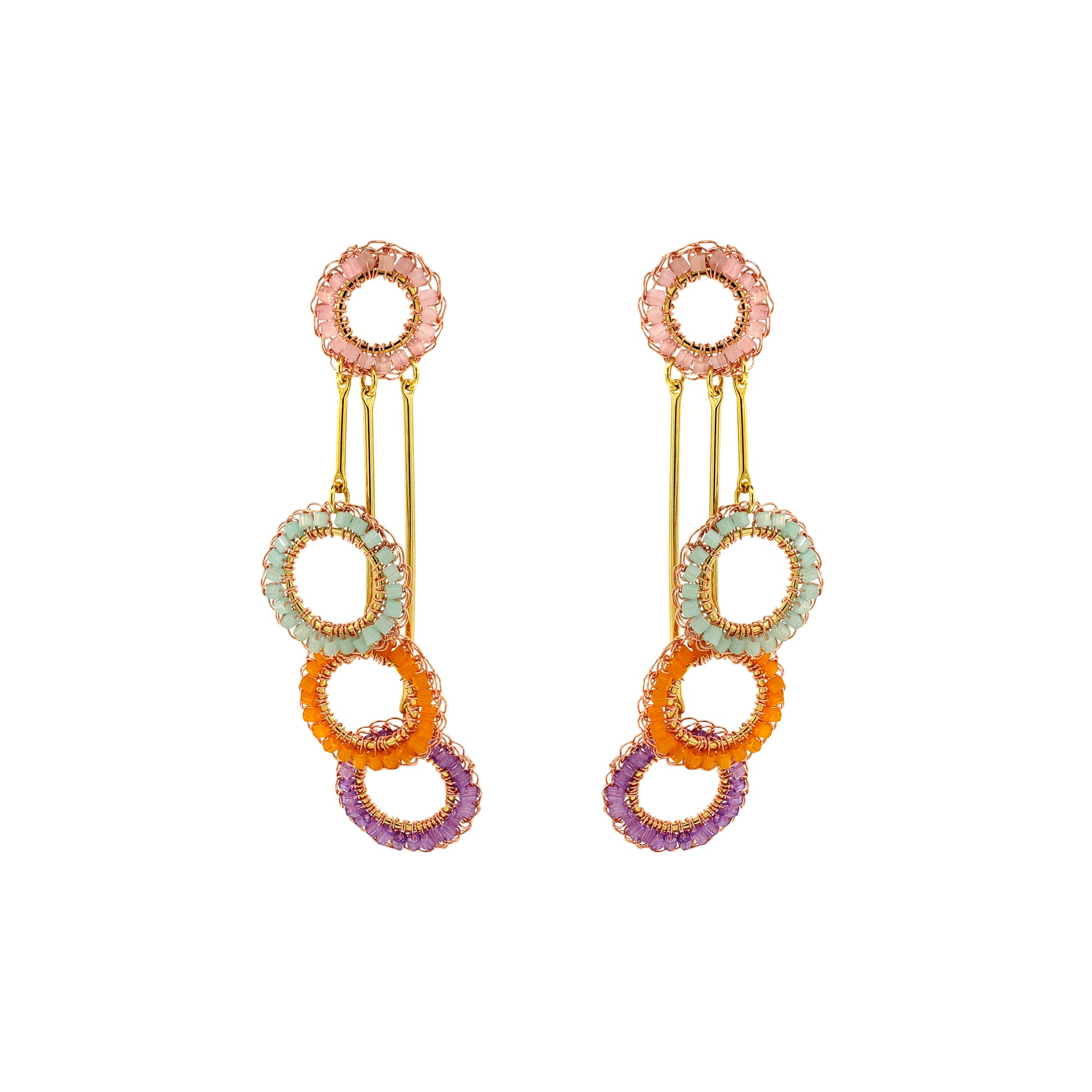 Triple-Dangle-Green-Pink-Purple-Orange-Nora-Chandelier-Handmade-Crochet-Earrings-18k-gold-filled-wire-hypoallergenic-lightweight-statement-brazilian-soul-collection