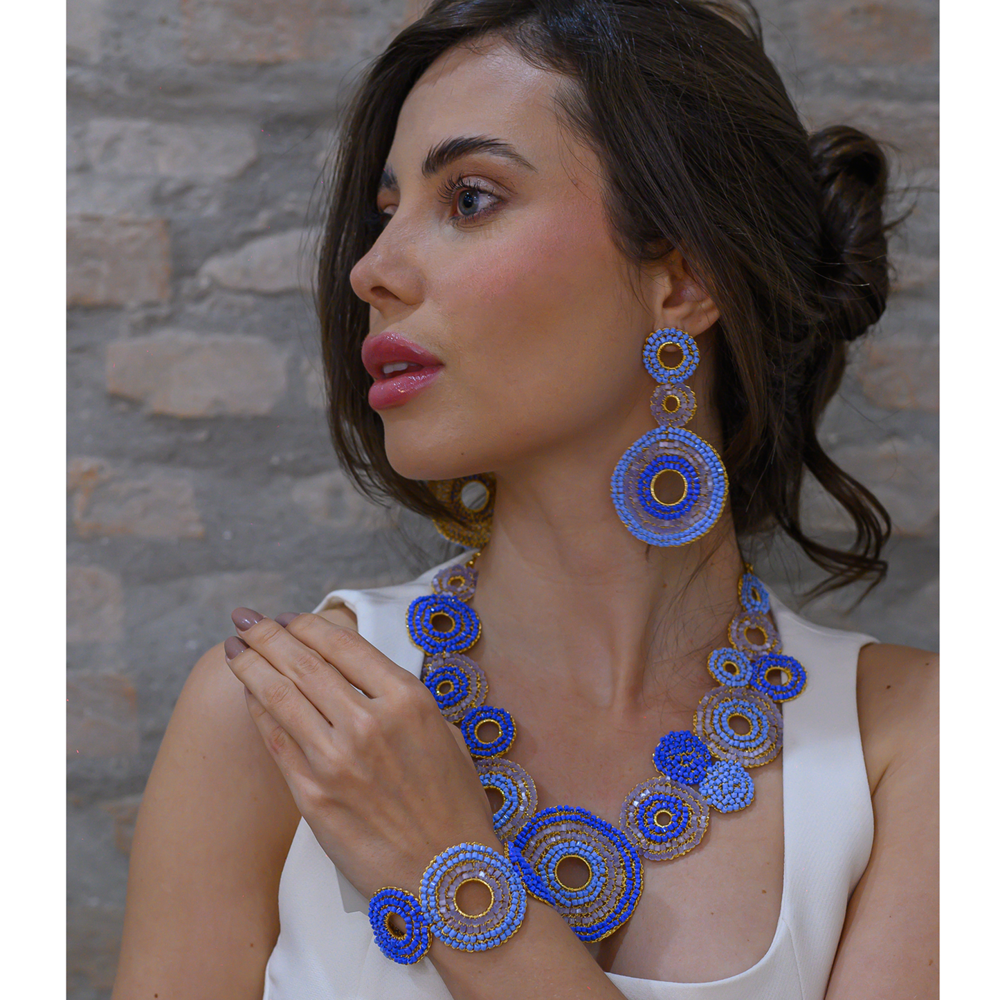 Triple-Mandala-Blue-Gold-Gia-Cascade-Handmade-Crochet-Earrings-18k-gold-filled-wire-hypoallergenic-lightweight-statement-soul-collection-model
