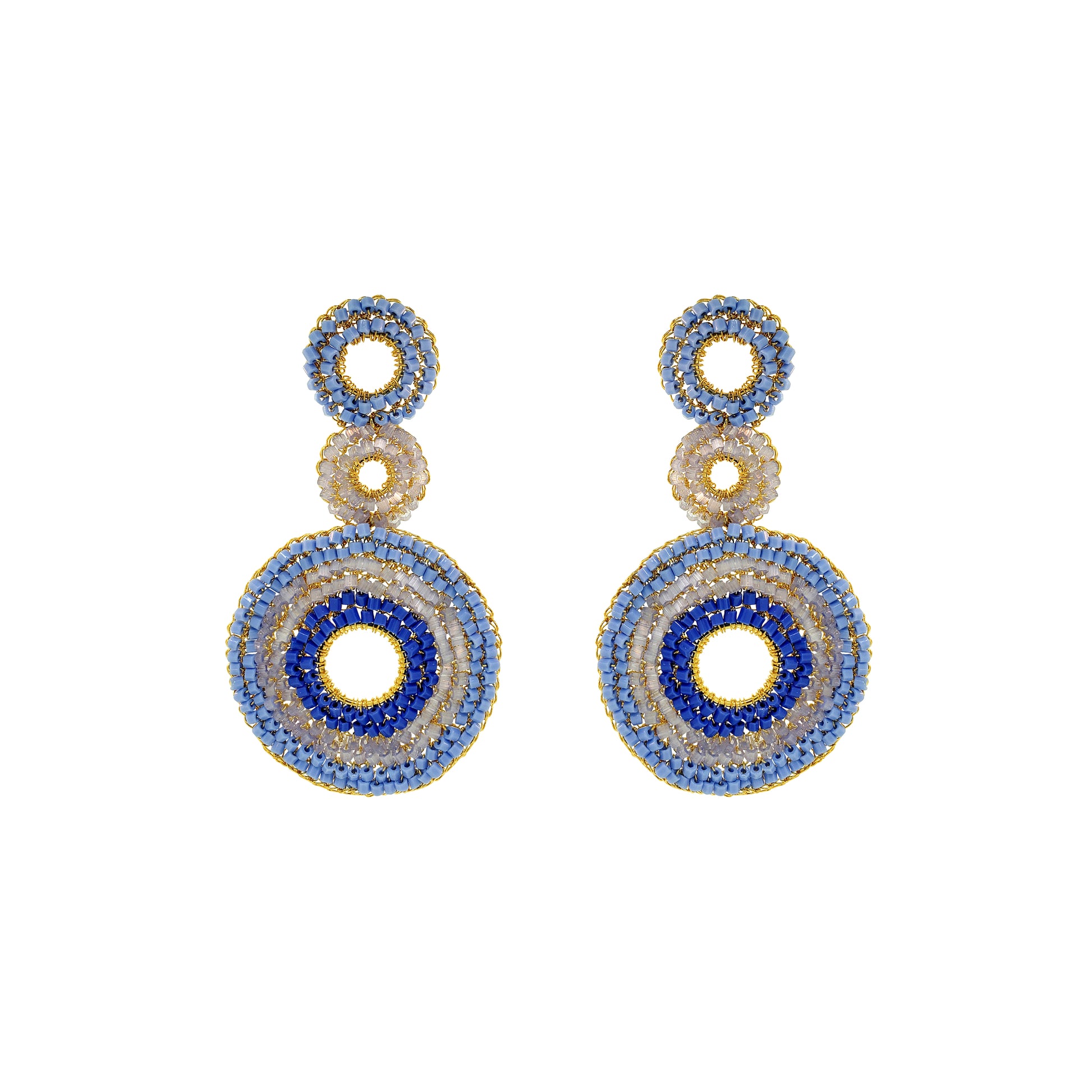 Triple-Mandala-Blue-Gold-Gia-Cascade-Handmade-Crochet-Earrings-18k-gold-filled-wire-hypoallergenic-lightweight-statement-soul-collection