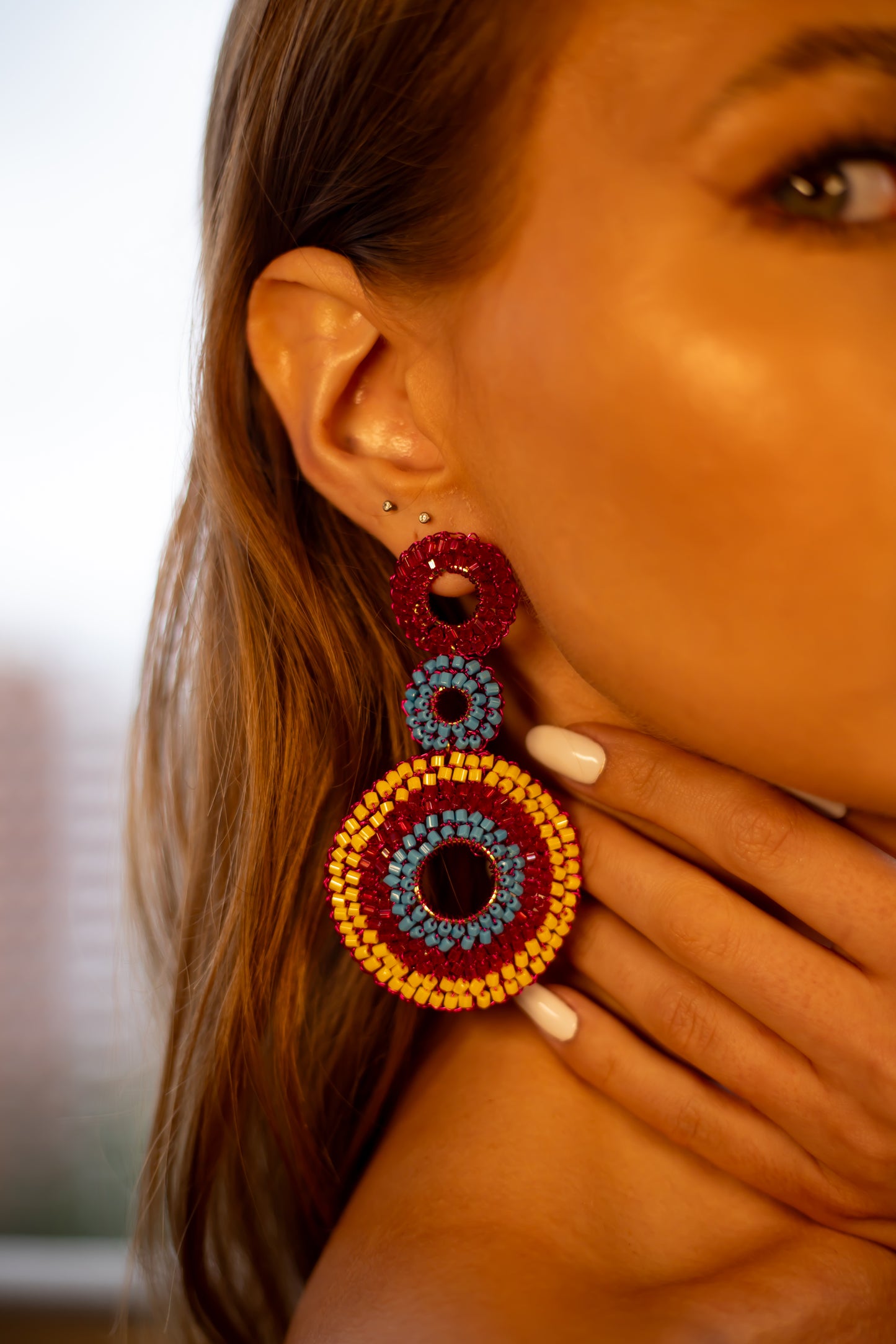Triple-Mandala-Blue-Yellow-Fuchsia-Gold-Gia-Cascade-Handmade-Crochet-Earrings-model-18k-gold-filled-wire-hypoallergenic-lightweight-statement-brazilian-soul-collection