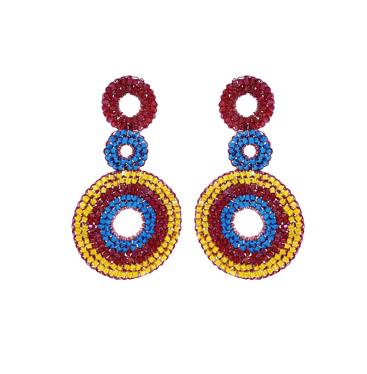 Triple-Mandala-Blue-Yellow-Fuchsia-Gold-Gia-Cascade-Handmade-Crochet-Earrings-18k-gold-filled-wire-hypoallergenic-lightweight-statement-brazilian-soul-collection