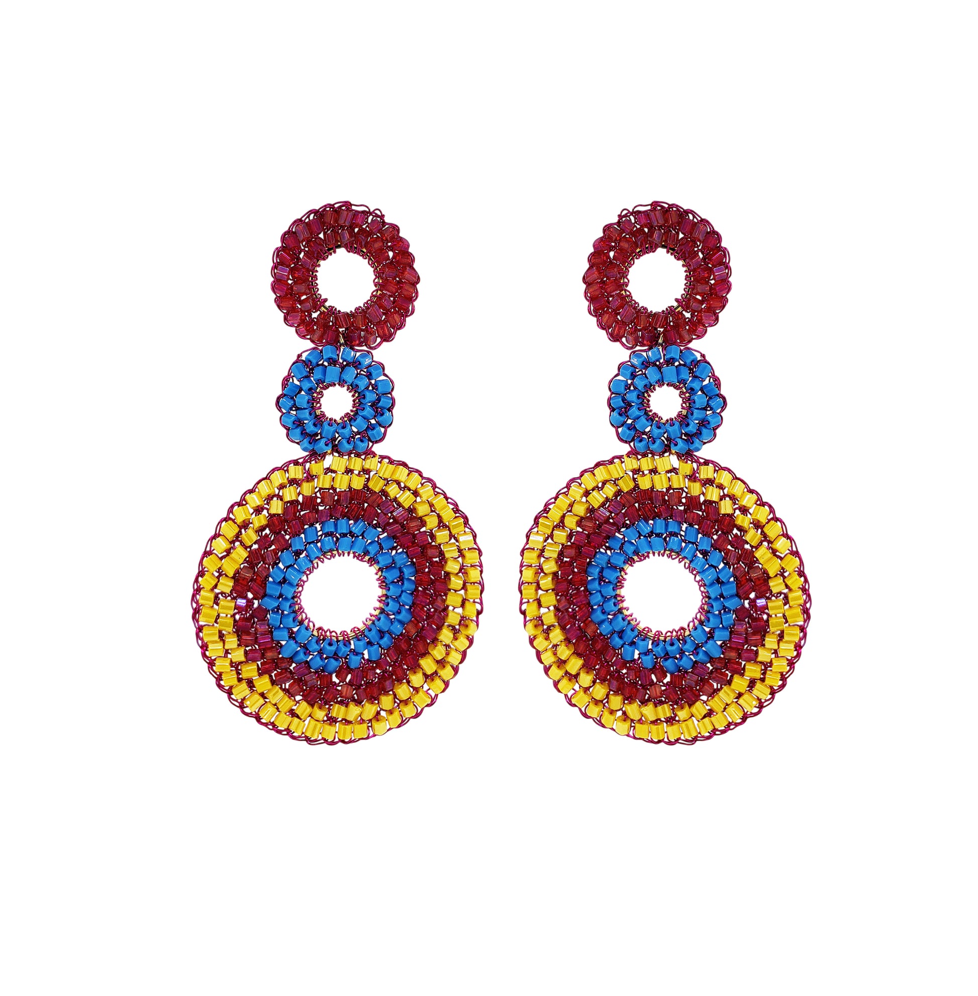 Triple-Mandala-Blue-Yellow-Fuchsia-Gold-Gia-Cascade-Handmade-Crochet-Earrings-18k-gold-filled-wire-hypoallergenic-lightweight-statement-brazilian-soul-collection