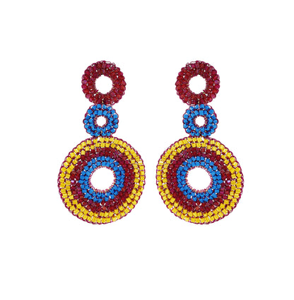 Triple-Mandala-Blue-Yellow-Fuchsia-Gold-Gia-Cascade-Handmade-Crochet-Earrings-18k-gold-filled-wire-hypoallergenic-lightweight-statement-brazilian-soul-collection