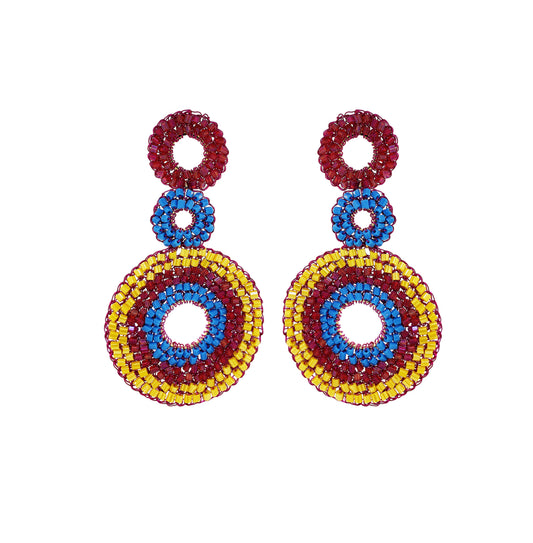 Triple-Mandala-Blue-Yellow-Fuchsia-Gold-Gia-Cascade-Handmade-Crochet-Earrings-18k-gold-filled-wire-hypoallergenic-lightweight-statement-brazilian-soul-collection
