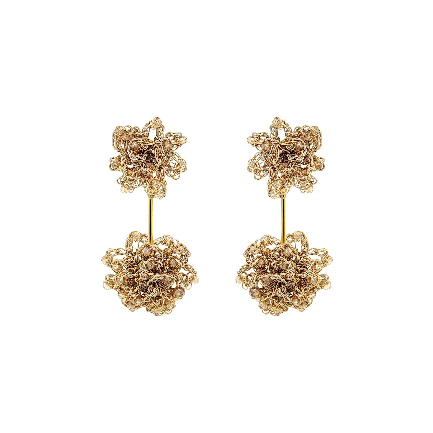 Pair of gold floral earrings on a white background. Hand-crocheted gold double mandala earrings with amber bead accents, handmade in Brazil with 18 karat gold filled wire.