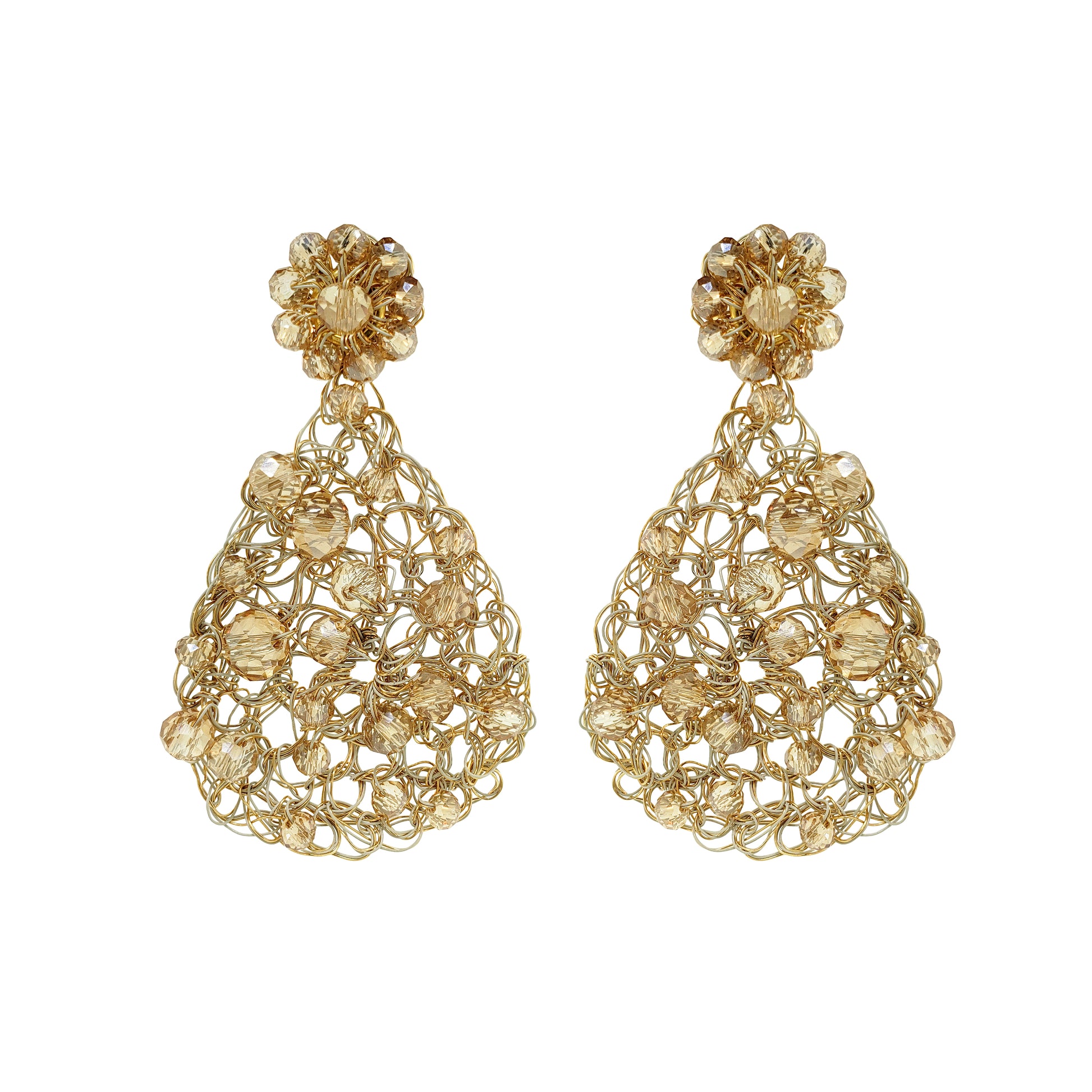 Pair of gold earrings on a white background. Handmade in Brazil, these teardrop mesh earrings feature 18 karat gold filled wire, multicolor crystals, lightweight comfort, and hypoallergenic materials. 