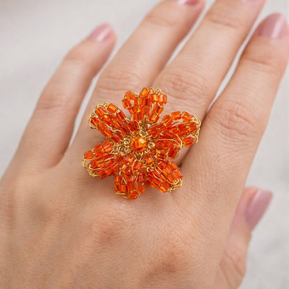 Orange & Gold Blossom Handmade Crochet Ring