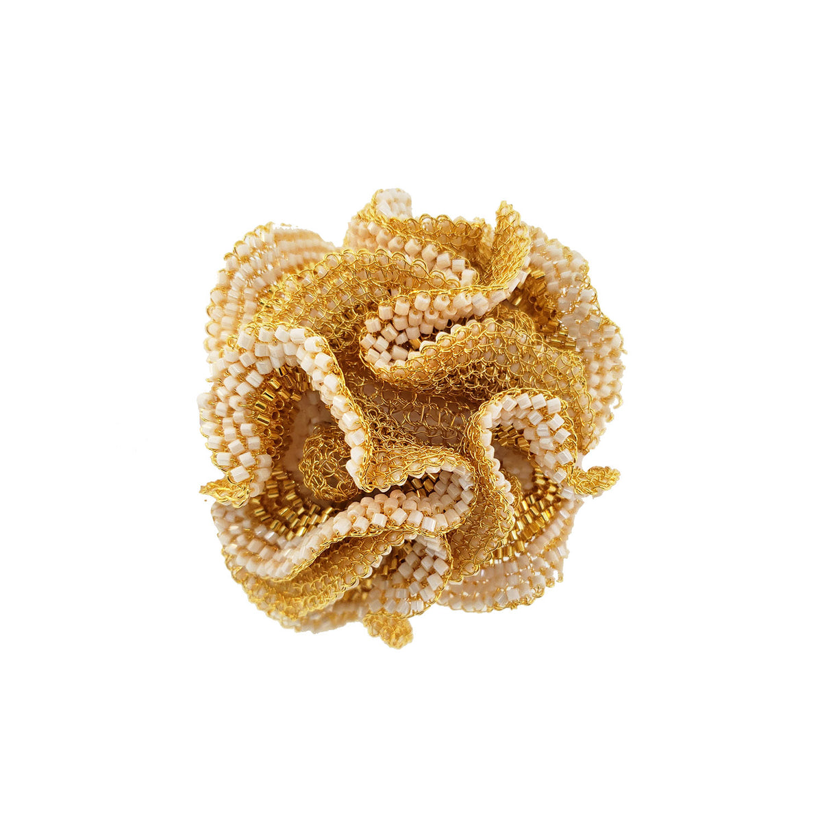 Shop this handcrafted abstract floral cuff featuring 18K gold-filled wire with white and clear crystals. Hypoallergenic, statement-making and handmade in Brazil.