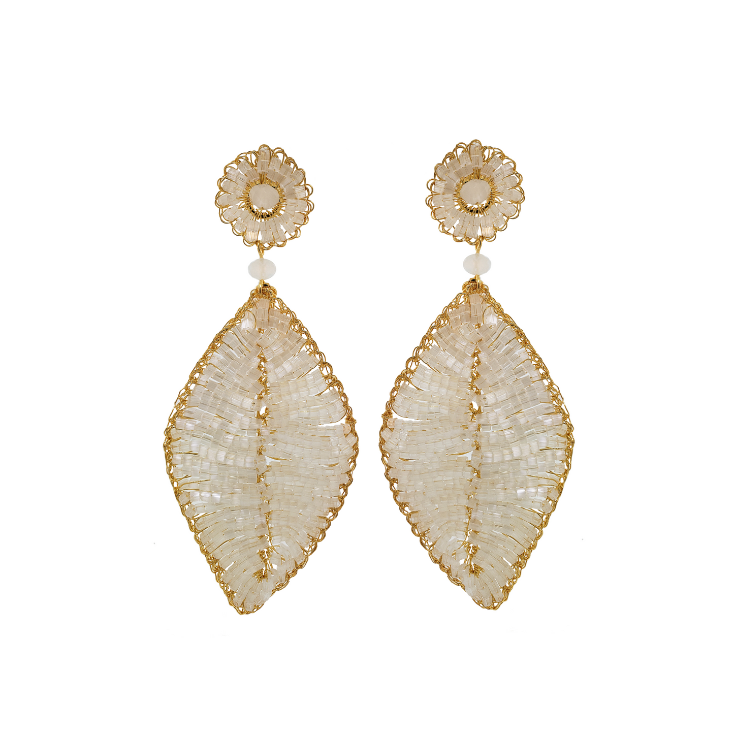 A pair of gold-filled white leaf-shaped earrings with crochet detailing and sparkling crystals at the top. hand-crocheted earrings, 18k gold-filled earrings, leaf earrings, handmade Brazilian jewelry, lightweight statement earrings, hypoallergenic earrings.