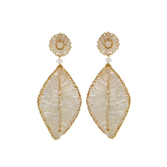 A pair of gold-filled white leaf-shaped earrings with crochet detailing and sparkling crystals at the top. hand-crocheted earrings, 18k gold-filled earrings, leaf earrings, handmade Brazilian jewelry, lightweight statement earrings, hypoallergenic earrings.