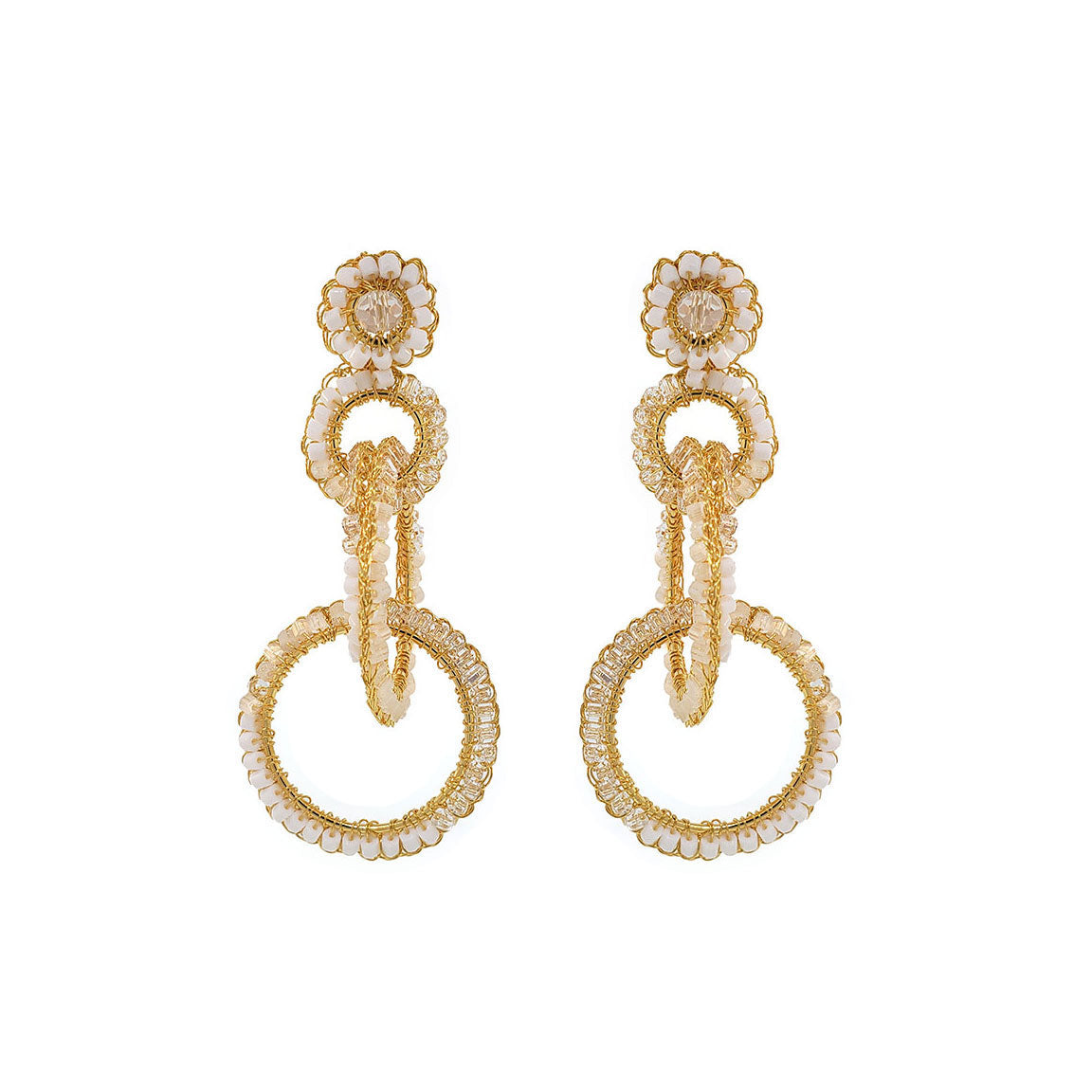 A pair of gold-filled, hand-crocheted earrings with sparkling crystals, featuring interlocked links and floral details. Interlocked link hand-crocheted earrings handmade in Brazil with 18 karat gold filled wire, soft ivory beads, sparkling crystal accents, and layered circular links.