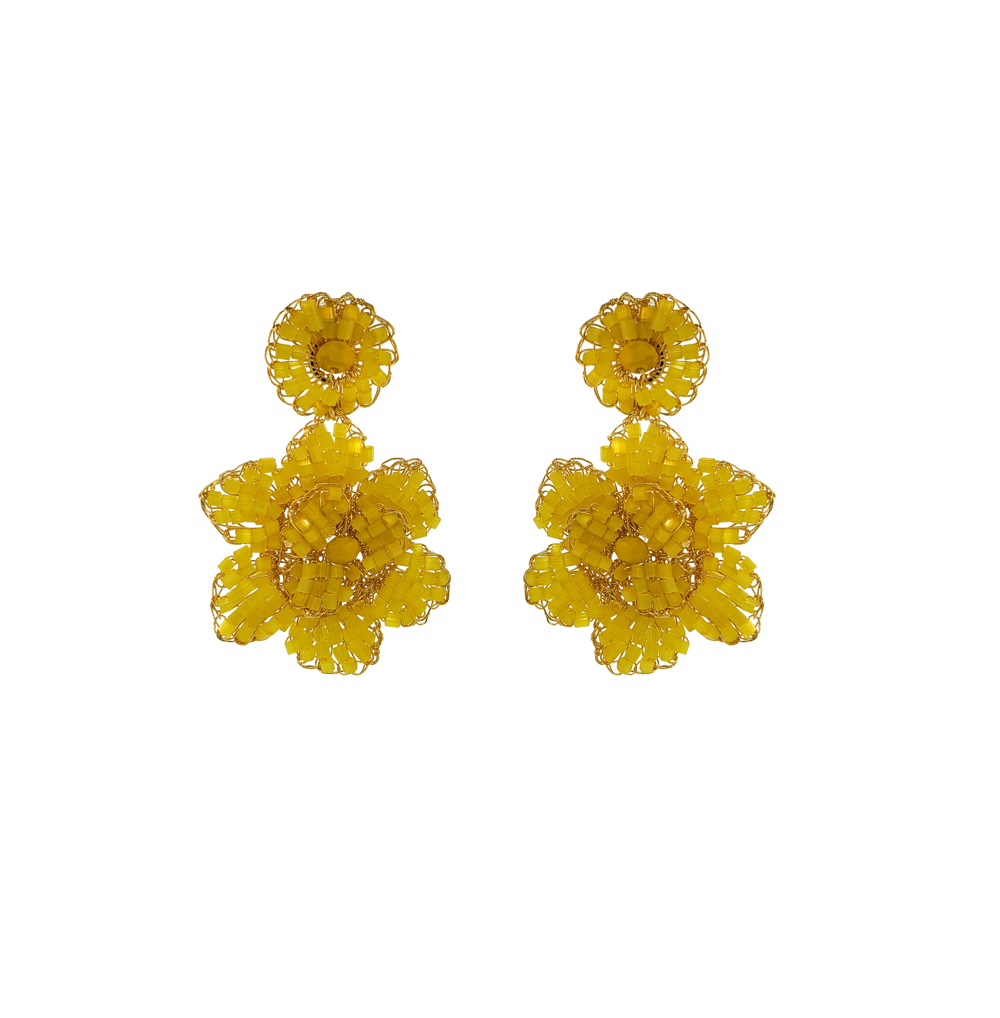 A pair of hand-crocheted floral earrings in yellow and gold colors made from 18 karat gold filled copper wire. Floral hand-crocheted dangle earrings handmade in Brazil with 18 karat gold filled wire and vibrant yellow bead accents.