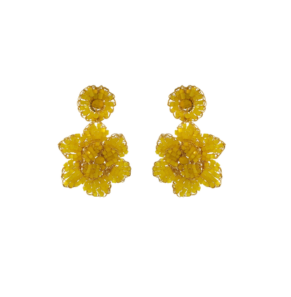 A pair of hand-crocheted floral earrings in yellow and gold colors made from 18 karat gold filled copper wire. Floral hand-crocheted dangle earrings handmade in Brazil with 18 karat gold filled wire and vibrant yellow bead accents.