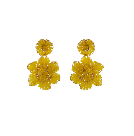 A pair of hand-crocheted floral earrings in yellow and gold colors made from 18 karat gold filled copper wire. Floral hand-crocheted dangle earrings handmade in Brazil with 18 karat gold filled wire and vibrant yellow bead accents.