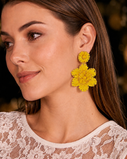 floral earrings, hand-crocheted earrings, yellow bead earrings, 18k gold filled earrings, handmade Brazilian earrings, artisan gold earrings, lightweight dangle earrings, hypoallergenic earrings, nickel free earrings, resort earrings, vacation earrings, summer earrings, statement earrings, handmade jewelry, colorful earrings