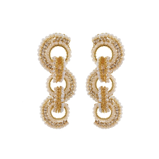 White & Gold Elena Handmade Crochet Long Earrings