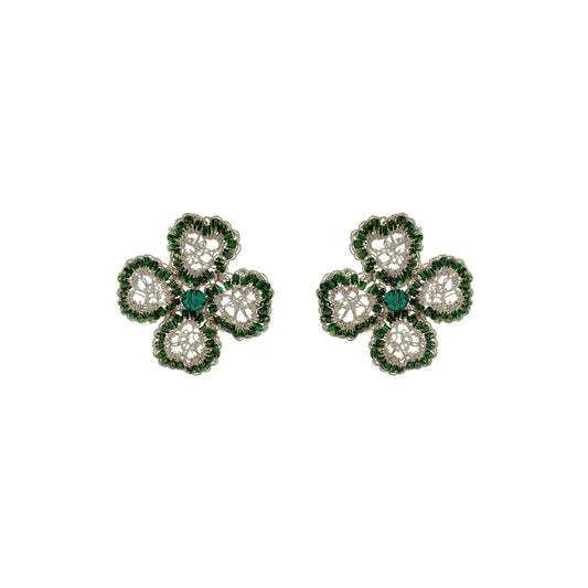 Green & Silver Lucky Clover Posts Handmade Crochet Earrings