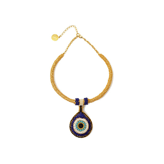 Blues & Gold Evil Eye Maxi Handmade Crochet Necklace