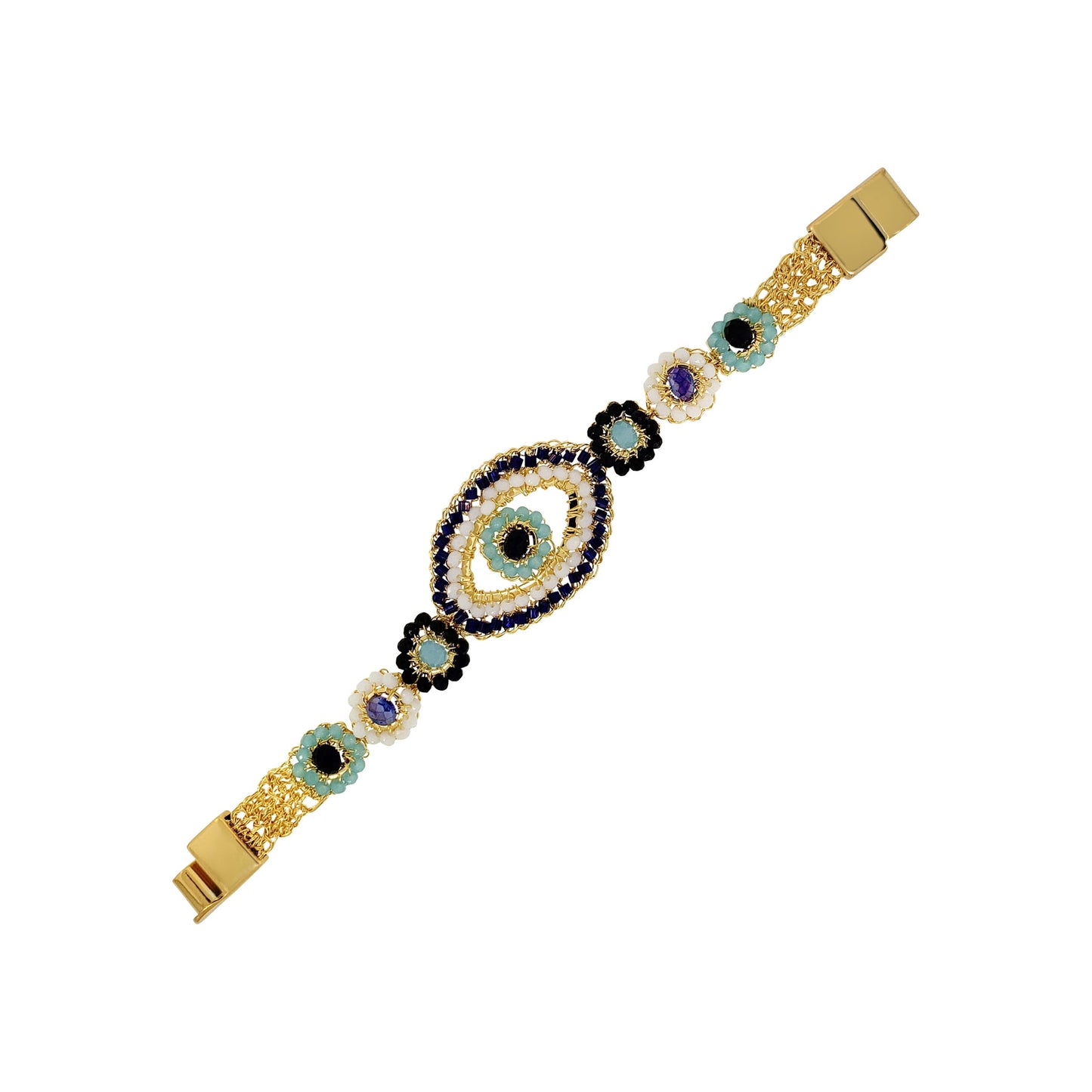 Blues & Gold Evil Eye Handmade Crochet Bracelet