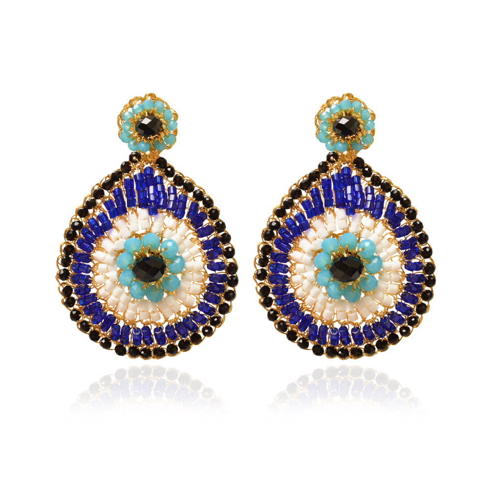 Blues & Gold Evil Eye Teardrop Handmade Crochet Earrings