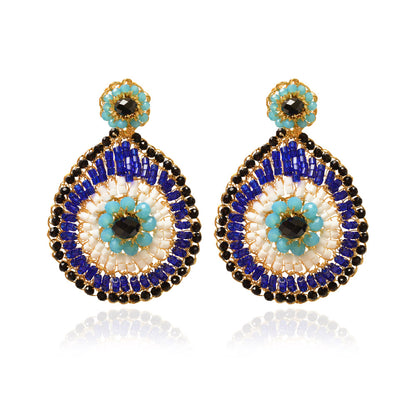 Blues & Gold Evil Eye Teardrop Handmade Crochet Earrings