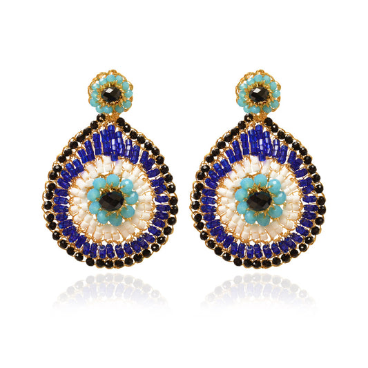 Blues & Gold Evil Eye Teardrop Handmade Crochet Earrings