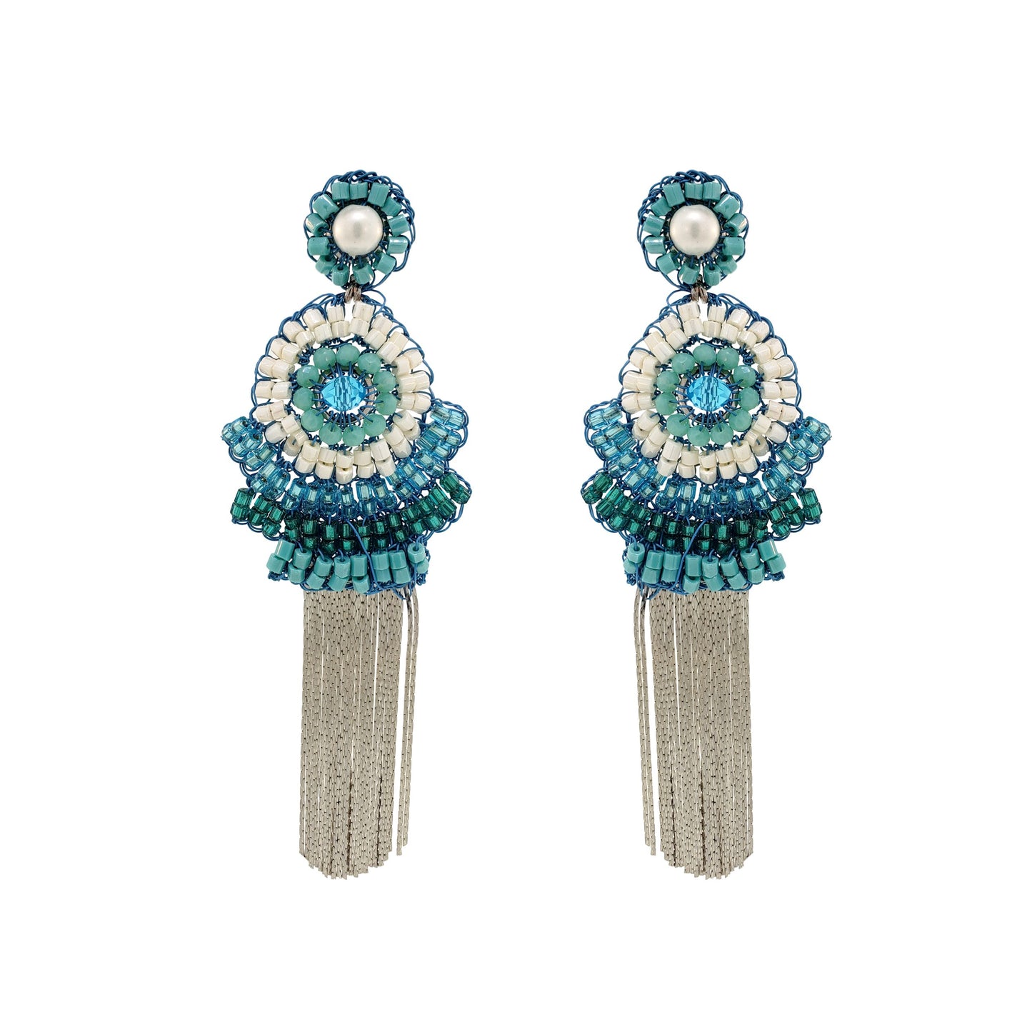 Ocean Blue Mix Ripples Fringe Handmade Crochet Earrings