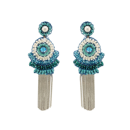 Ocean Blue Mix Ripples Fringe Handmade Crochet Earrings