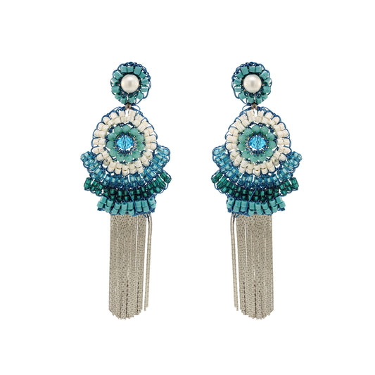 Ocean Blue Mix Ripples Fringe Handmade Crochet Earrings
