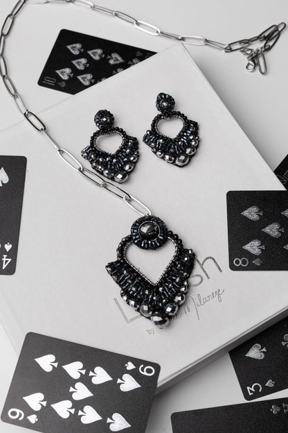 Royal Black Mix Queen's Heart Handmade Crochet Earrings
