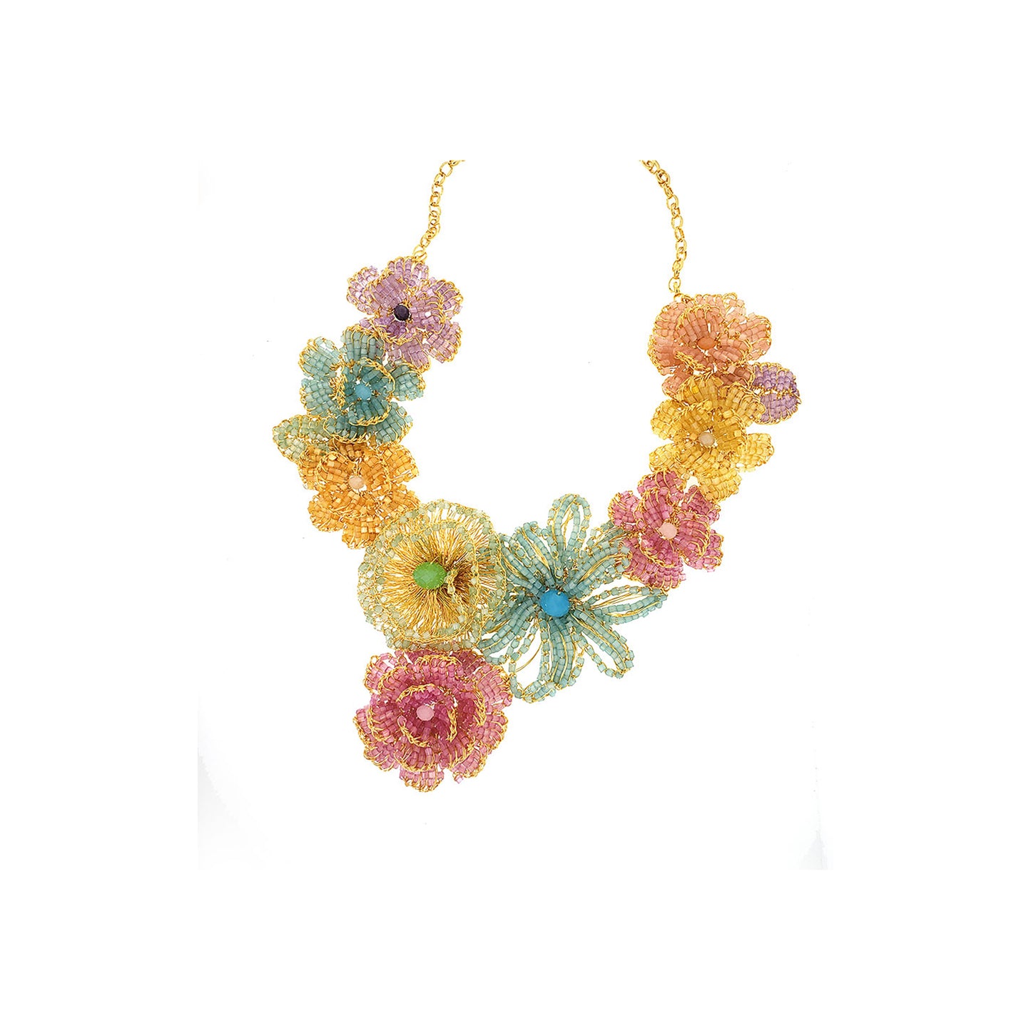 Pastel Mix & Gold Blossom Handmade Crochet Necklace