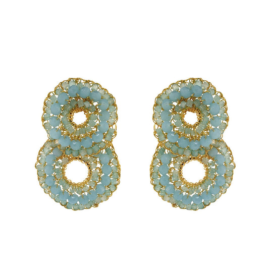 Aqua Blue & Gold Gush Small Handmade Crochet Earrings