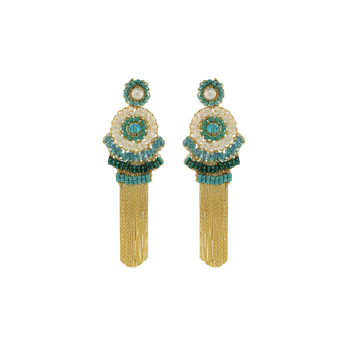 Ocean Teal Mix Ripples Fringe Handmade Crochet Earrings