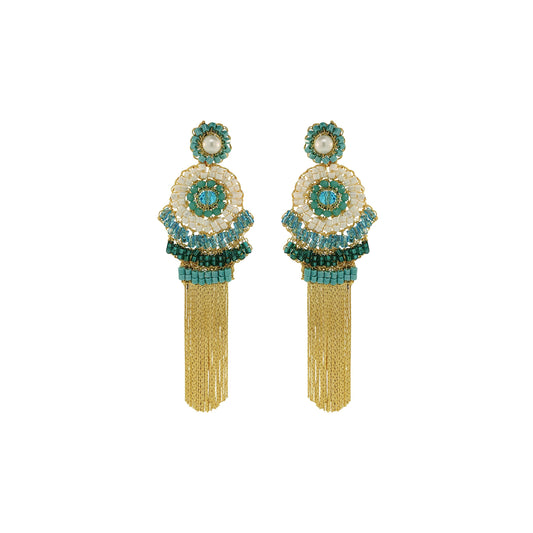 Ocean Teal Mix Ripples Fringe Handmade Crochet Earrings