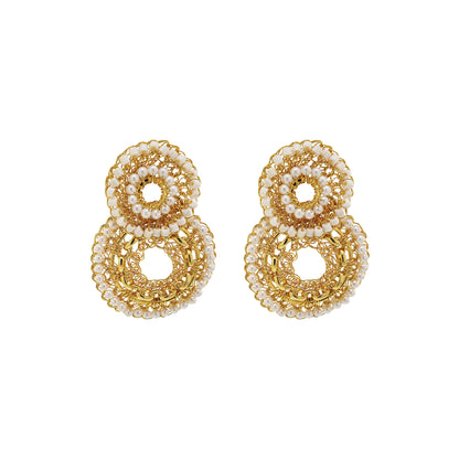 Pearl & Gold Flux Double Handmade Crochet Earrings